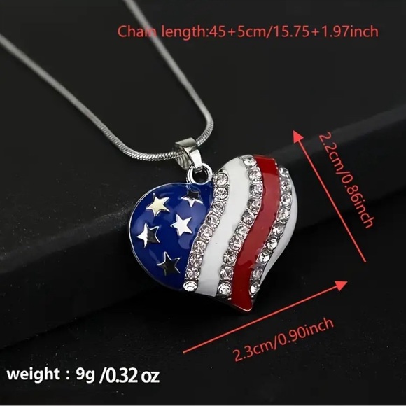 American Flag Heart Pendant Necklace with Crystal Rhinestone - Silver Tone - Picture 5 of 5